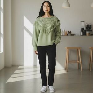 SCOOP Women’sl Crochet Fringe Sweater Sage Green